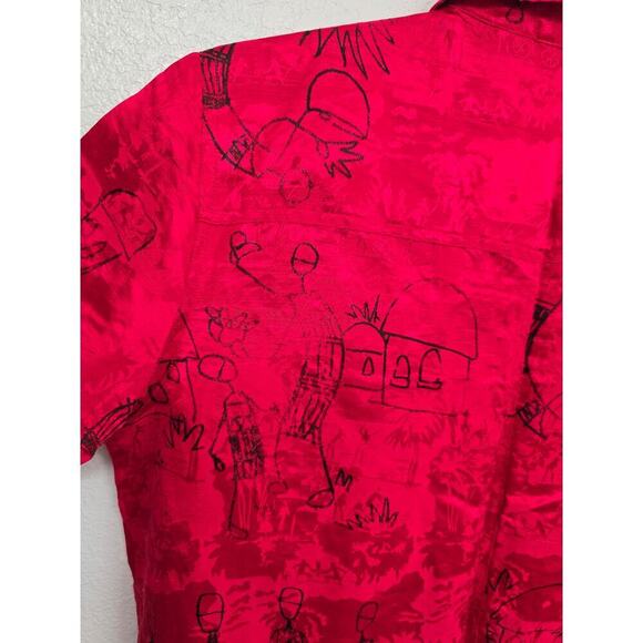 Chico's Linen Silk Blend Shirt Size 1 M Red Black Artsy Funky People Button Down - Picture 6 of 11